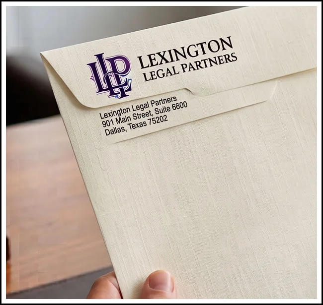 A monogram logo for a law firm shown on a closed envelope