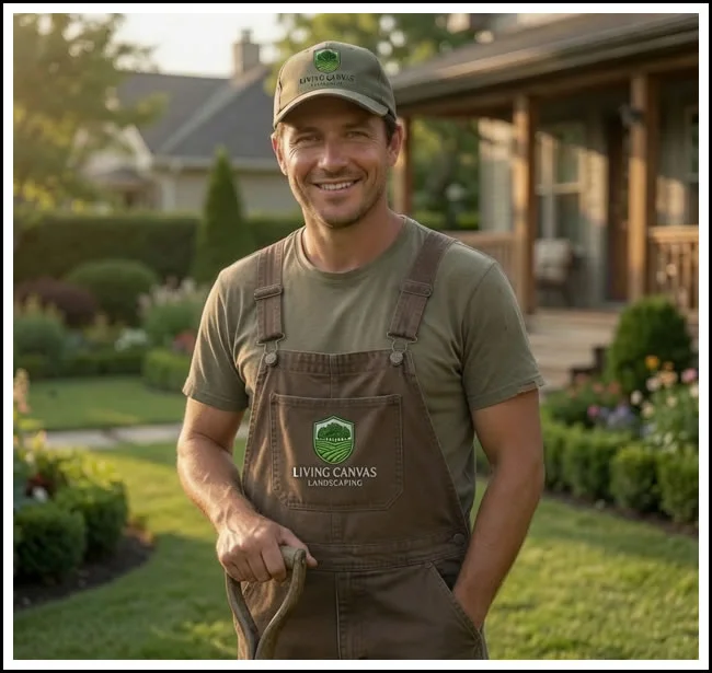 Landscaper wearing brand clothing displaying his 'Living Canvas Landscapes' logo