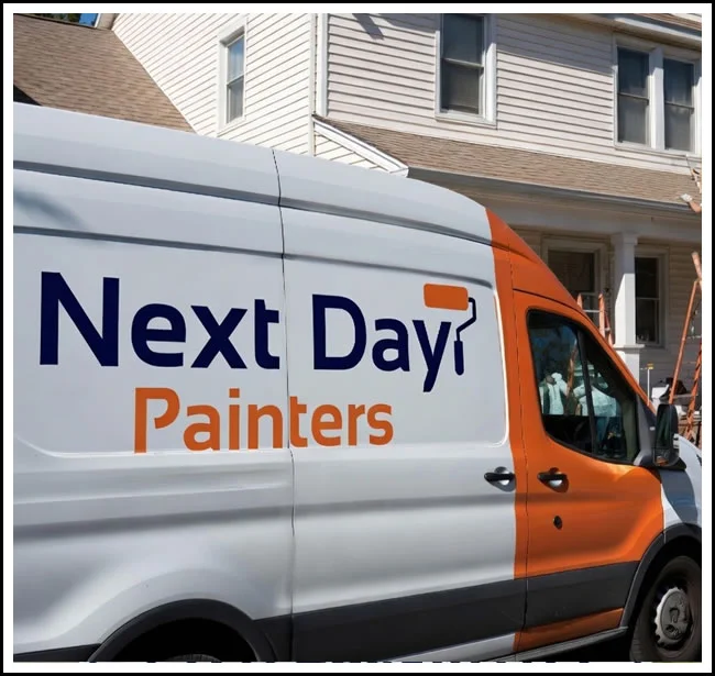 Painting van prominently displaying purple and orange 'Next Day Painters' logo