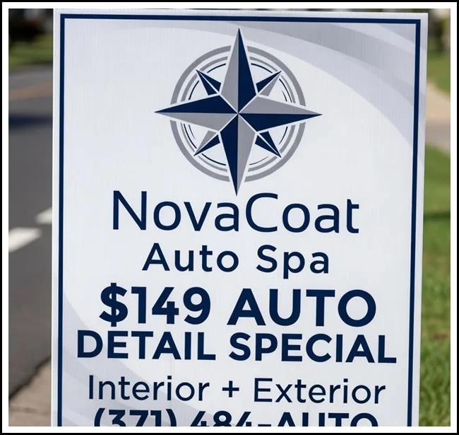 Roadside advertisement displaying a logo and offer for an auto spa