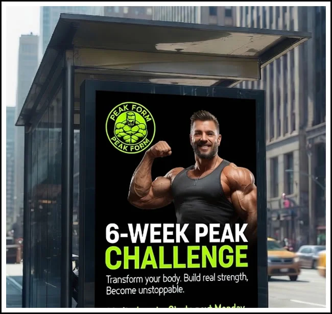 Bus shelter showing 'Peak Form' Gym logo and advertisement