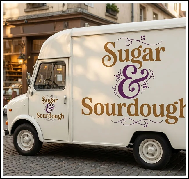 Bakery truck with large 'Sugar & Sourdough' logo on the side